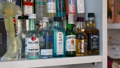 Bottles of alcoholic beverages in a row displayed in restaurant. Stock Footage 310213264