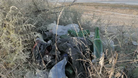 Bottles And Garbage By The Dried-Up Lake. Stock Footage 142654565