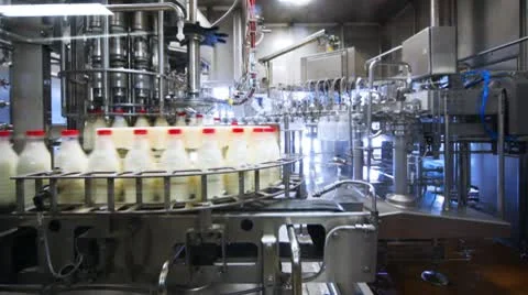 Bottles are washed, dried, filled with milk and close caps in factory conveyor Stock Footage 10791117