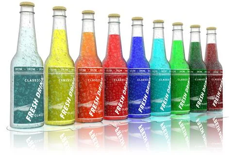 Bottles colored soft drink -  3D illustration. 스톡 일러스트