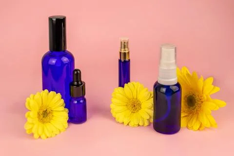 Bottles of different essential oils Stock Photos