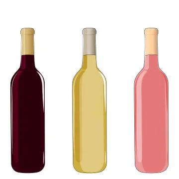 Bottles of different wine, red, rose and white, stock vector illustration. Stock Illustration