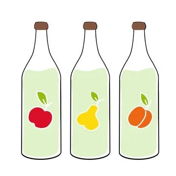 Bottles of eco-friendly drinks featuring apple, pear, and peach flavors on a Stock Illustration