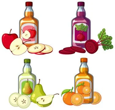 Bottles of Fruit and Vegetable Juice with Fresh Produce Stock Illustration