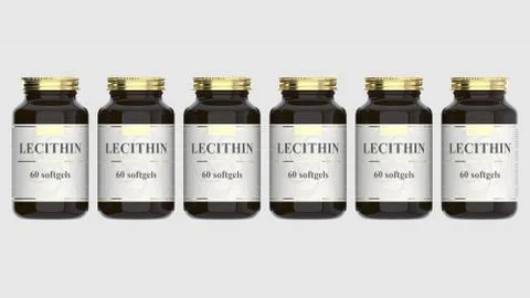 Bottles with generic lecithin softgels and fictional logo. Pharmaceutical Stock Illustration