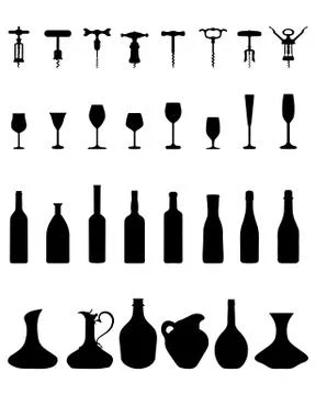 Bottles, glasses and corkscrew Stock Illustration