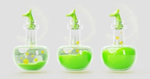 Bottles with green magic potion, alchemy elixir or witch poison 3d render icons Illustrazione stock