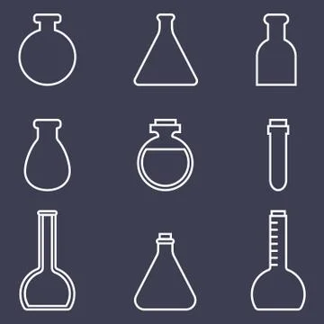 Bottles Icons Set isolated on dark background. Chemistry equipment. Vector. Stock Illustration