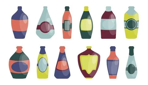 Bottles with labels from different alcohol drinks, collection isolated on w.. Stock Illustration