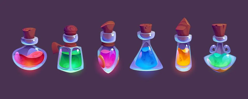 Bottles of magic elixir or potion cartoon game Stock Illustration