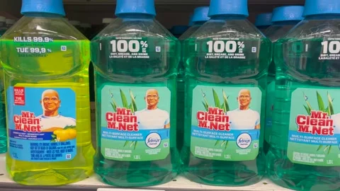 Bottles of Mr. Clean M. Net multi-surface cleaner Stock Footage 244659589