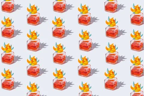 Bottles of red perfume lined up in a pattern on a white background. Plugs mad Stock Photos