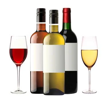Bottles of red, pink and white wine and wineglasses isolated on white Fotos de archivo