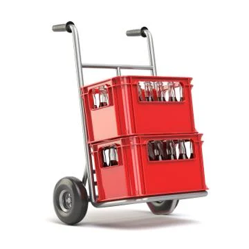 Bottles with soda or cola in the red strage crate for bottles on hand track.  Illustrazione stock