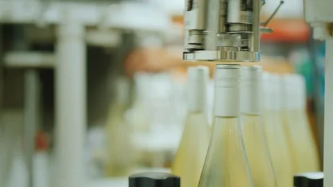 Bottles of sparkling wine move along the conveyor belt, the mechanism closes the Stock Footage 97286536