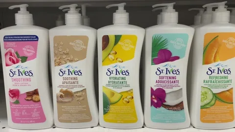 Bottles of St. Ives Lotion Stock-Footage 229649877