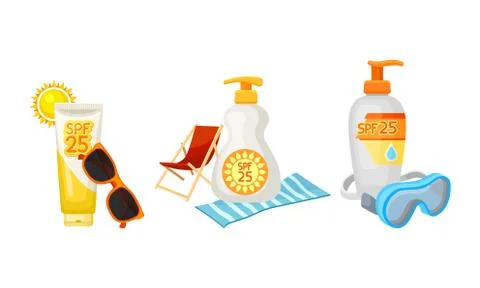Bottles of Sunscreen Lotion with Sun Filter and Beach Elements Vector Set Stock Illustration