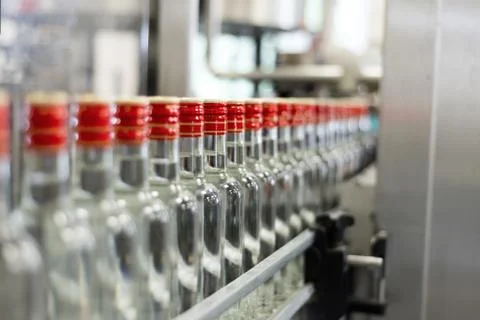 Bottles with vodka on the conveyor. Stock Photos