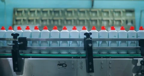 Bottles of white plastic bottles moving along a conveyor belt Stock-Footage 90209716