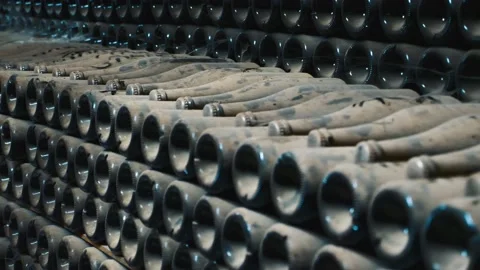 Bottles of wine aging covered with old dust in underground cellar close up. Stock Footage 192407225
