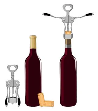 Bottles of wine and corkscrew isolated on white background vector illustration. Stock Illustration