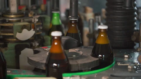 Bottling Line. Brewing technology. Bottles Moving on Conveyor Belt at Glass Vidéo 245276567