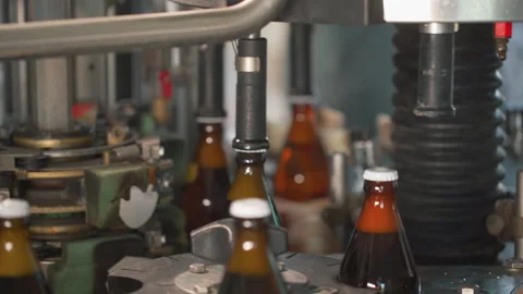 Bottling Line. Brewing technology. Bottles Moving on Conveyor Belt at Glass Vidéo 245277228