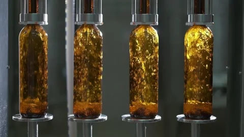 Bottling wine by the machine into bottles made of brown glass Vídeos de archivo 141688533