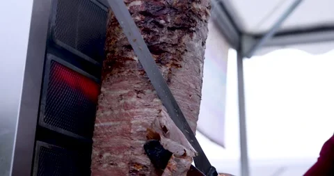 Bottom Angle 4K Slow Motion While Cutting Cooked Doner with Doner Knife 库存影片 246413647