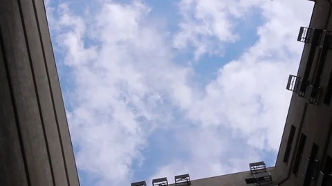 Bottom clip of cloud movement with blue sky at morning from atrium of buildin Stock Footage 91794280