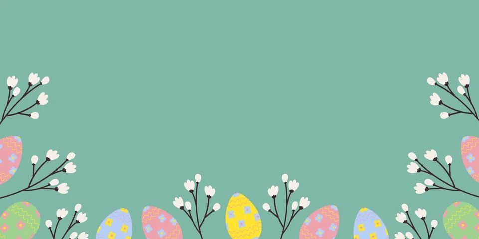 Bottom Frame border with blooming sprigs and colorful Easter Eggs Copy space Stock Illustration