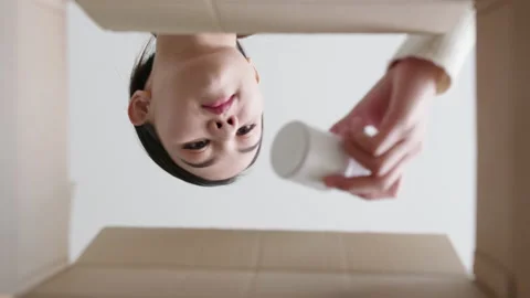 Bottom up inside box view asia woman open medicine carton 스톡 동영상 152499643