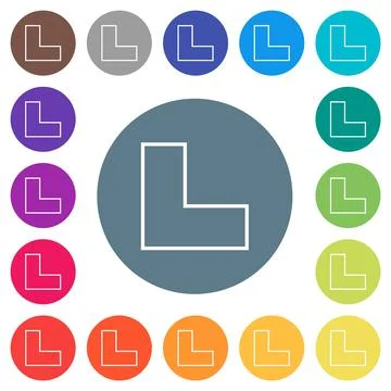 Bottom left angle arrow outline flat white icons on round color backgrounds Stock Illustration