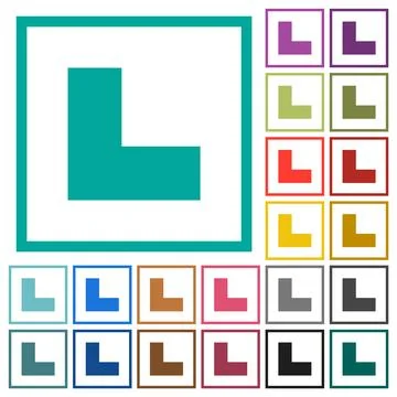Bottom left angle arrow solid flat color icons with quadrant frames Stock Illustration