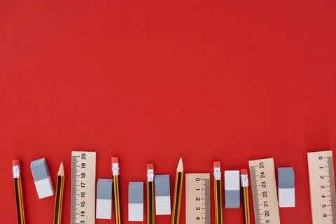 Bottom located many office objects Stock Photos