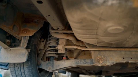 The bottom of the old car. View from the viewing hole. Stock Footage 108965276