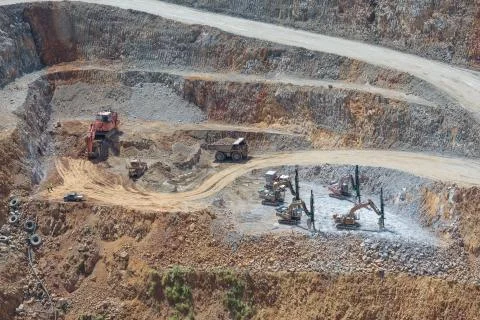 Bottom of open pit and machinery of a gold mine martha in Waihi, New Zealand Stock Photos