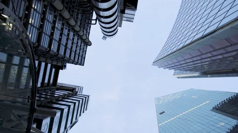 Bottom-up perspective of the Lloyd's modern building in financial centre of Stock Footage 125201588
