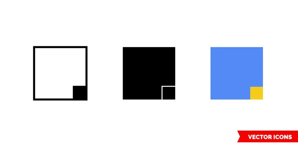Bottom right corner icon of 3 types color, black and white, outline. Isolated Stock Illustration