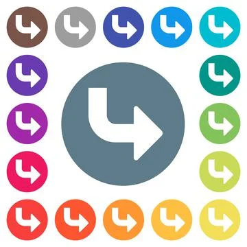 Bottom right side turn arrow solid flat white icons on round color background Illustrazione stock