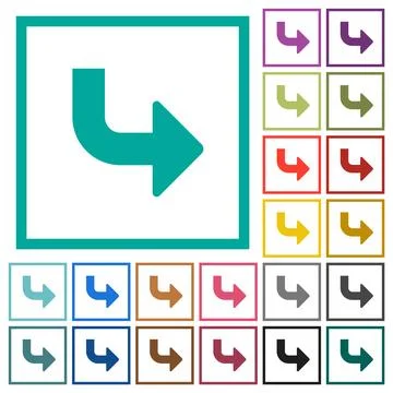 Bottom right side turn arrow solid flat color icons with quadrant frames Stockillustratie