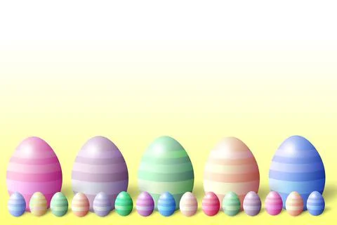 Bottom row of 3d pastel colored easter eggs yellow background and 5 big eggs Stock Illustration