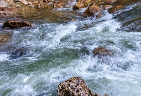Bottom structure and daytime walks along the canyon of the mountain river loc Stock Photos