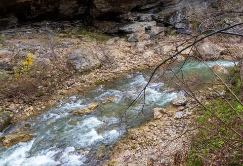 Bottom structure and daytime walks along the canyon of the mountain river loc Stock Photos