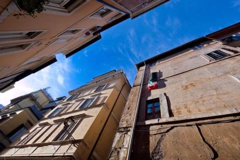 Bottom to top, clear sky view in a tipical lane in Rome Stock Photos