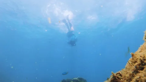 Bottom to top view of free divers having fun ascending down into blue turquoise  Stock Footage 252953856