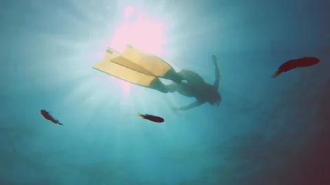 Bottom to top view of a young asian free diver wearing long fins and swim suit l Stock Footage 252953307