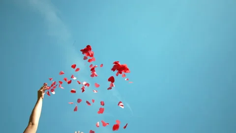 BOTTOM UP: Unrecognizable person throws a handful of red confetti into the sky. Stock Footage 143277249