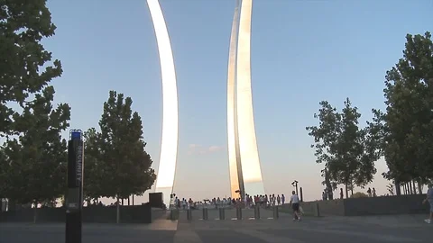 Bottom-up view of the Air Force Memorial in Washington during a beautiful sunset Stock Footage 85583050