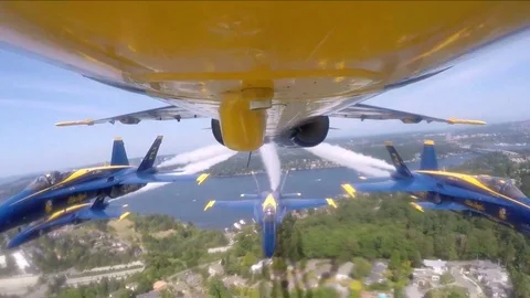 Bottom View of an Aircraft, Three Accompanied Fighters, Air Show, Astonishing Vi Stock Footage 120369047